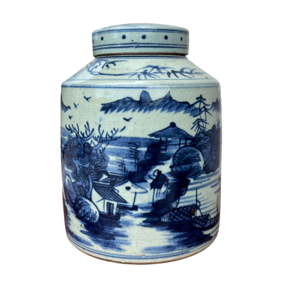 Lidded Tea Jar with Village Motif